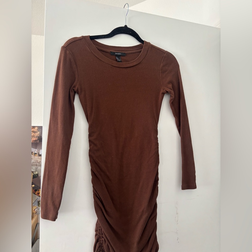 Forever 21 Brown Ruched Long Sleeve dress